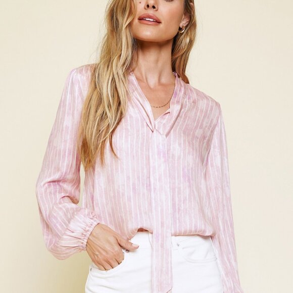 MYSTREE  Pink Tie Neck Blouse – Long Sleeve Striped Top - Picture 1 of 8